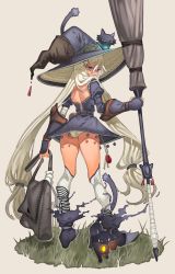 Rule 34 | 1girl, arutera, ass, bad id, bad pixiv id, broom, brown background, cat, hat, highres, long hair, looking at viewer, looking back, low-tied long hair, md5 mismatch, original, panties, solo, thighs, underwear, very long hair, white panties, witch, witch hat