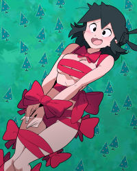 Rule 34 | 1girl, black eyes, black hair, blush, bound, breasts, christmas, feet out of frame, green background, highres, long hair, looking at viewer, lucia (scott malin), medium breasts, naked ribbon, narrow waist, open mouth, original, patterned background, red ribbon, ribbon, ribbon bondage, scott malin, shadow, solo