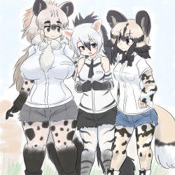Rule 34 | 3girls, aardwolf (kemono friends), aardwolf print, african wild dog (kemono friends), african wild dog print, animal ears, animal print, arm at side, bare shoulders, black eyes, black hair, blonde hair, bodystocking, bow, bowtie, breast pocket, breasts, brown hair, commentary request, curvy, cutoffs, day, dog ears, dog girl, dog tail, extra ears, feet out of frame, grey hair, hair between eyes, hand on own hip, height difference, high ponytail, highres, hyena ears, hyena girl, hyena tail, kemono friends, large breasts, layered sleeves, long hair, long sleeves, looking at another, medium hair, mo23, multicolored hair, multiple girls, necktie, outdoors, own hands together, pantyhose, pocket, shirt, short over long sleeves, short shorts, short sleeves, shorts, side-by-side, sidelocks, sleeveless, sleeveless shirt, smile, spotted hyena (kemono friends), standing, tail, thick eyebrows, thigh gap, very long hair, white hair, white shirt