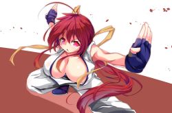 Rule 34 | 1girl, ahoge, another kung fu girl, blue footwear, blue gloves, breasts, commentary request, dai fuku, dougi, fighting stance, fingerless gloves, gloves, hair ribbon, karate gi, large breasts, long hair, m.u.g.e.n, open mouth, ponytail, red eyes, red hair, ribbon, shoes, simple background, solo, squatting, v-shaped eyebrows, yellow ribbon