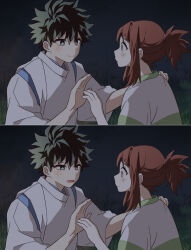 Rule 34 | 1boy, 1girl, 2koma, blue kimono, blush, boku no hero academia, brown eyes, brown hair, cel shading, closed mouth, coi mha, comic, commentary, cosplay, curly hair, eye contact, eyebrows hidden by hair, freckles, from side, grass, green eyes, green hair, hair between eyes, hair tie, haku (sen to chihiro no kamikakushi), haku (sen to chihiro no kamikakushi) (cosplay), hand on another&#039;s shoulder, hand up, hands up, happy, highres, japanese clothes, kariginu, kimono, looking at another, midoriya izuku, ogino chihiro, ogino chihiro (cosplay), open hand, open mouth, outdoors, pale skin, parted lips, profile, scratches, sen to chihiro no kamikakushi, shirt, short hair, sidelocks, sleeves past elbows, smile, split mouth, split screen, t-shirt, upper body, uraraka ochako