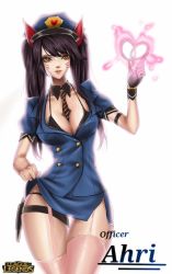 Rule 34 | 1girl, ahri (league of legends), artist request, between breasts, black hair, breasts, brown eyes, cleavage, clothes lift, curvy, league of legends, long hair, looking at viewer, parted lips, police, police uniform, policewoman, simple background, skirt, skirt lift, solo, uniform, wide hips