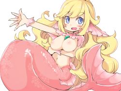 Rule 34 | 1girl, bad id, bad pixiv id, blonde hair, blue eyes, blush, breast hold, breasts, commentary, female focus, fins, fish scales, frfr, gem, happy, head fins, jewelry, long hair, looking at viewer, mermaid, monster girl, navel, nipples, nude, open hand, open mouth, original, scales, simple background, solo, tail, topless, very long hair, wavy hair, webbed hands, white background