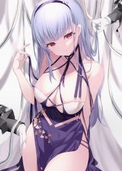 Rule 34 | 1girl, azur lane, bare shoulders, blush, breasts, cleavage, collarbone, dido (anxious bisque doll) (azur lane), dido (azur lane), disembodied hand, dress, hairband, halter dress, halterneck, headband, highres, large breasts, long dress, long hair, looking at viewer, maosame, pelvic curtain, purple dress, purple eyes, purple hairband, purple headband, silver hair