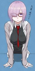 Rule 34 | 1girl, :t, arm support, bare shoulders, between breasts, blush, breasts, fate/grand order, fate (series), glasses, hair over one eye, large breasts, mash kyrielight, necktie, necktie between breasts, pout, purple eyes, purple hair, red-framed eyewear, revision, short hair, simple background, solo, translation request, utu (ldnsft)