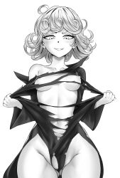 Rule 34 | 1girl, absurdres, black dress, breasts, curly hair, curvy, dress, female focus, green eyes, green hair, greyscale, highres, large breasts, looking at viewer, medium breasts, medium hair, monochrome, nipples, no panties, one-punch man, pussy, sereneandsilent, solo, tatsumaki, third-party edit, torn clothes