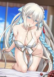 Rule 34 | 1girl, bare shoulders, bikini, bikini bottom pull, blue eyes, blue hair, blue nails, braid, breasts, cleavage, collarbone, fate/grand order, fate (series), flower, french braid, gluteal fold, gold trim, hair flower, hair ornament, hair ribbon, large breasts, long hair, looking at viewer, morgan le fay (fate), morgan le fay (water princess) (fate), mouth hold, nail polish, naughty face, ponytail, pulling own clothes, ribbon, sidelocks, smile, solo, swimsuit, thigh gap, thighs, twin braids, unadon, undone bikini, very long hair, white bikini, white hair