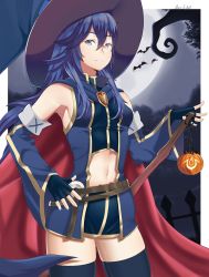 Rule 34 | 1girl, absurdres, arcedo, bat (animal), belt, blue eyes, blue hair, cape, closed mouth, cosplay, detached sleeves, fingerless gloves, fire emblem, fire emblem awakening, fire emblem heroes, gloves, halloween costume, hat, highres, long hair, long sleeves, lucina (fire emblem), mia (fire emblem), mia (fire emblem) (cosplay), midriff, moon, navel, nintendo, red cape, solo, thighhighs, witch hat