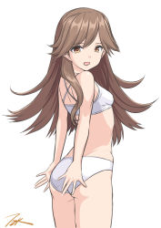 Rule 34 | 1girl, arashio (kancolle), artist logo, artist name, ass, bra, brown eyes, brown hair, commentary request, cowboy shot, from behind, highres, kantai collection, long hair, looking at viewer, panties, signature, simple background, solo, t2r, training bra, underwear, underwear only, wedgie, white background, white bra, white panties