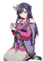 Rule 34 | 1girl, blush, breasts, butterfly hair ornament, cup, detached sleeves, eyelashes, hahawaho, hair ornament, japanese clothes, kimono, kneeling, lips, lipstick, long bangs, long hair, makeup, mole, mole under mouth, nouhime, nouhime (sengoku musou), obi, purple eyes, purple hair, sash, sengoku musou, shiny skin, sideboob, swept bangs, teacup, thighhighs, thighs, white thighhighs