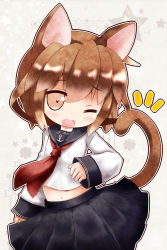 Rule 34 | 10s, 1girl, anchor symbol, animal ears, bad id, bad pixiv id, blush, brown eyes, brown hair, cat ears, cat tail, cocozasa, fang, ikazuchi (kancolle), kantai collection, kemonomimi mode, one eye closed, open mouth, school uniform, serafuku, short hair, solo, star (symbol), starry background, tail, wink