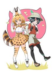 Rule 34 | 10s, 2girls, animal ears, backpack, bad id, bad twitter id, bag, bare shoulders, black hair, blonde hair, blush, bow, bowtie, breasts, bucket hat, commentary request, elbow gloves, full body, gloves, hat, hat feather, highres, japari symbol, kaban (kemono friends), kemono friends, looking at viewer, multiple girls, open mouth, pantyhose, paw pose, safari hat, serval (kemono friends), serval print, serval tail, shirt, shoes, short hair, skirt, sleeveless, smile, standing, sugito akira, tail, thighhighs, yellow eyes