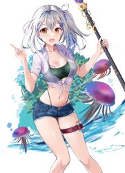 Rule 34 | 1girl, absurdres, bikini, blue hair, breasts, cleavage, collared shirt, cropped shirt, green bikini, gucchimax, highres, holding, holding staff, jellyfish, long hair, looking at viewer, mage staff, medium breasts, multicolored hair, open mouth, original, shirt, short sleeves, shorts, side ponytail, smile, solo, staff, swimsuit, thigh strap, vial, white hair, white shirt, yellow eyes