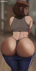 Rule 34 | 1girl, absurdres, artist name, ass, ass focus, back, bare shoulders, black panties, blurry, blurry background, blush, boku no hero academia, brown eyes, brown hair, closed mouth, clothes pull, crop top, door, gluteal fold, highres, huge ass, indoors, leaning forward, looking at viewer, looking back, matching hair/eyes, oroborus, panties, pants, pants pull, short hair, sidelocks, solo, standing, striped clothes, striped pants, thong, track pants, underwear, uraraka ochako
