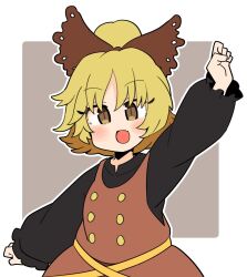Rule 34 | 1girl, :d, arm up, blonde hair, bow, brown bow, brown dress, brown eyes, commentary request, dress, fang, grey background, hair bow, highres, ini (inunabe00), kurodani yamame, long sleeves, open mouth, outline, puffy long sleeves, puffy sleeves, short hair, simple background, skin fang, smile, solo, touhou, upper body, white background, white outline