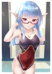 Rule 34 | 1girl, blue hair, blue lips, blunt bangs, borrowed character, breasts, collarbone, commentary request, commission, competition swimsuit, covered erect nipples, elf, glasses, highres, kuuron, leaning forward, lips, looking at viewer, medium breasts, mizuno (brand), multicolored clothes, multicolored swimsuit, one-piece swimsuit, original, pointy ears, red-framed eyewear, red eyes, skeb commission, solo, swimsuit, thigh gap
