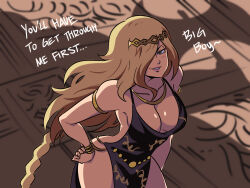 Rule 34 | 1girl, black dress, blonde hair, braid, breasts, cleavage, collarbone, dress, elden ring, english text, hair over one eye, hand on own hip, highres, jewelry, large breasts, long hair, plunging neckline, queen marika the eternal, revealing clothes, solo, tina fate