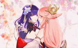 Rule 34 | 2girls, absurdres, animal ears, blunt bangs, blurry, blurry background, blush, breasts, cherry blossoms, cleavage, couple, earrings, face-to-face, genshin impact, gugugu87420, hair between eyes, hair ornament, hand in another&#039;s hair, highres, implied kiss, japanese clothes, jewelry, large breasts, long hair, looking at viewer, looking to the side, medium breasts, multiple girls, off shoulder, pink hair, purple eyes, purple hair, raiden shogun, yae miko, yuri