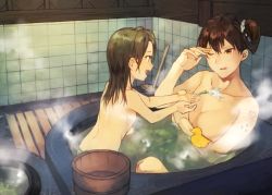 Rule 34 | 2girls, :d, bathhouse, bathing, breasts, brown eyes, brown hair, commentary request, fukazaki, green eyes, green hair, kaga (kancolle), kantai collection, large breasts, long hair, multiple girls, nude, one eye closed, onsen, open mouth, rubber duck, short hair, side ponytail, smile, aged down, zuikaku (kancolle)