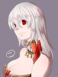 Rule 34 | 1girl, bandeau, bow, breasts, brown bandeau, cleavage, closed mouth, commentary request, genetic (ragnarok online), grey background, hair between eyes, large breasts, long hair, looking at viewer, love morocc, portrait, ragnarok online, red bow, red eyes, simple background, smile, solo, white hair