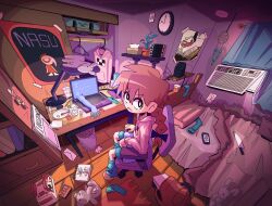 Rule 34 | 1girl, absurdres, analog clock, backpack, bag, bed, braid, brown hair, clock, computer, electrical outlet, famicom, game console, highres, hood, hoodie, indoors, knife, laptop, long hair, looking at viewer, low twin braids, madotsuki, open mouth, plant, poster (object), potted plant, red hoodie, saghaley, sitting, solo, swivel chair, twin braids, yume nikki