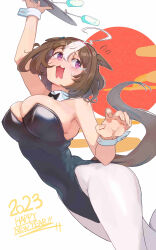 Rule 34 | 1girl, 2023, :3, absurdres, ahoge, amepa (ame pinecandy), animal ears, arm up, blush, breasts, brown hair, champagne flute, cleavage, covered navel, cup, detached collar, drinking glass, flying sweatdrops, happy new year, highres, holding, holding tray, horse ears, horse girl, horse tail, large breasts, leotard, medium hair, meisho doto (umamusume), multicolored hair, new year, open mouth, pantyhose, playboy bunny, purple eyes, solo, tail, tearing up, tears, tray, two-tone hair, umamusume, wavy mouth, white pantyhose, wrist cuffs