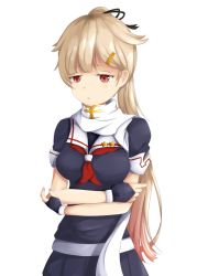 Rule 34 | 10s, 1girl, alternate hairstyle, blonde hair, commentary, crossed arms, crying, crying with eyes open, fingerless gloves, gloves, gradient hair, hair flaps, hair ornament, hair ribbon, hairclip, highres, kantai collection, multicolored hair, neckerchief, pleated skirt, ponytail, red eyes, red neckerchief, ribbon, scarf, school uniform, serafuku, skirt, solo, takumin (takumi415), tears, white scarf, yuudachi (kancolle), yuudachi kai ni (kancolle)