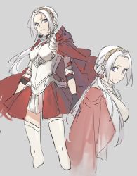 Rule 34 | 1girl, alternate hairstyle, armor, breasts, cape, closed mouth, edelgard von hresvelg, fire emblem, fire emblem: three houses, fire emblem warriors, fire emblem warriors: three hopes, gloves, hair ornament, hair ribbon, highres, long hair, long sleeves, looking at viewer, nanao parakeet, nintendo, official alternate costume, official alternate hairstyle, purple eyes, red cape, ribbon, simple background, skirt, solo, thighhighs, thighs, white hair, zettai ryouiki