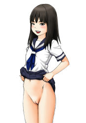 Rule 34 | 1girl, :d, black eyes, black hair, blush, cleft of venus, clothes lift, female focus, flashing, lifted by self, long hair, looking at viewer, maburu, neckerchief, no panties, open mouth, original, pussy, school uniform, serafuku, shirt, simple background, skirt, skirt lift, smile, solo, standing, uncensored, white background