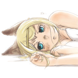 Rule 34 | 00s, 1girl, animal ears, bad id, bad pixiv id, blonde hair, blue eyes, comic, final fantasy, final fantasy xi, hair in face, lying, mithra (ff11), nucomas, on side, simple background, solo, swept bangs, tail, white background