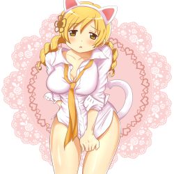 Rule 34 | 10s, 1girl, animal ears, bad id, bad pixiv id, blonde hair, blush, breasts, cat ears, cat tail, doily, drill hair, hair ornament, highres, large breasts, long hair, mahou shoujo madoka magica, mahou shoujo madoka magica (anime), necktie, no pants, solo, tail, tomoe mami, transparent background, twin drills, twintails, yellow eyes, yuiyuimoe
