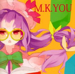 Rule 34 | 1girl, bespectacled, book, bow, bowtie, capelet, chestnut mouth, glasses, hair bow, hair ornament, hat, hat bow, highres, long hair, looking at viewer, mob cap, mukyuu, open book, open mouth, orange background, patchouli knowledge, purple hair, red eyes, shihou (g-o-s), simple background, solo, text focus, touhou