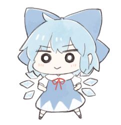 Rule 34 | 1girl, :&gt;, ahoge, black footwear, blue bow, blue dress, blue hair, bow, bright pupils, cirno, closed mouth, cyu ta, dress, full body, hair bow, hands on own hips, highres, ice, ice wings, looking at viewer, red ribbon, ribbon, short hair, short sleeves, simple background, smile, solo, standing, symbol-only commentary, touhou, white background, white legwear, white pupils, wings