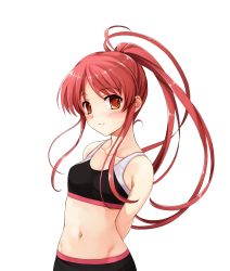 Rule 34 | 1girl, arms behind back, black bra, blush, bra, breasts, closed mouth, collarbone, floating hair, game cg, groin, high ponytail, highres, long hair, midriff, misaki kurehito, miyamae tomoka, navel, official art, orange eyes, red hair, small breasts, smile, smile cubic!, solo, sports bra, standing, stomach, tachi-e, transparent background, underwear, upper body, very long hair