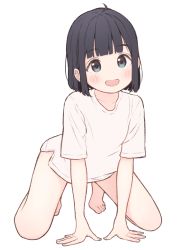 Rule 34 | 1girl, 1ssakawaguchi, :d, absurdres, ahoge, arm support, bare legs, barefoot, black hair, blue eyes, blunt bangs, blunt ends, blush, bob cut, collarbone, dot nose, full body, hands on ground, highres, kneeling, leaning forward, looking at viewer, no pants, open mouth, original, shirt, short hair, short sleeves, simple background, smile, solo, spread legs, straight hair, t-shirt, tareme, tiptoes, toes, white background, white shirt