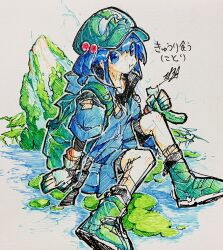 Rule 34 | 1girl, adapted costume, backpack, bag, blue eyes, blue hair, blue jacket, blue skirt, boots, closed mouth, doggo 1d34, full body, gloves, green bag, green footwear, green headwear, hair bobbles, hair ornament, highres, holding, jacket, kawashiro nitori, kingfisher, knee up, long sleeves, medium hair, nature, nitori day, outdoors, outline, pleated skirt, rock, shikishi, signature, sitting, skirt, socks, solo, touhou, traditional media, water, white gloves, white outline