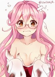 Rule 34 | 10s, 1girl, bare shoulders, blush, breasts, burnt clothes, cleavage, double bun, glasses, gradient background, hair bun, kantai collection, long hair, looking at viewer, makigumo (kancolle), md5 mismatch, no bra, pink hair, resized, small breasts, solo, suishin tenra, suitenjh, tears, torn clothes