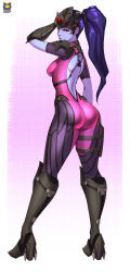 Rule 34 | 1girl, armor, armored boots, ass, back tattoo, backless outfit, black footwear, black gloves, bodysuit, boots, breasts, center opening, closed mouth, colored skin, from behind, full body, gauntlets, gloves, greaves, hair ornament, hair tie, hand on headwear, head-mounted display, highres, holster, knee boots, knee pads, kyoffie, lipstick, long hair, makeup, medium breasts, overwatch, overwatch 1, pauldrons, ponytail, purple background, purple hair, purple lips, purple skin, shoes, short sleeves, shoulder armor, skin tight, solo, spider tattoo, spiked shoes, spikes, tattoo, thigh holster, visor, widowmaker (overwatch), yellow eyes