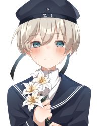 Rule 34 | 1girl, black dress, black hat, black sailor collar, blue eyes, blush, closed mouth, clothes writing, crying, crying with eyes open, dress, flower, hachino mugi, hair between eyes, hat, highres, holding, holding flower, kantai collection, light brown hair, long sleeves, sailor collar, sailor dress, sailor hat, short hair, simple background, solo, tears, upper body, white background, white flower, z1 leberecht maass (kancolle)