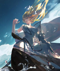Rule 34 | 1girl, aenrs, armor, armored dress, blonde hair, blue eyes, breasts, chinese commentary, commentary, dress, fate/apocrypha, fate/grand order, fate (series), gauntlets, hand up, headpiece, headpiece removed, highres, jeanne d&#039;arc (fate), jeanne d&#039;arc (ruler) (fate), large breasts, long hair, looking away, parted lips, sky, solo, standing, swept bangs, teeth, very long hair, water, white dress