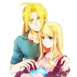 Rule 34 | 1boy, 1girl, ahoge, baby, blonde hair, blue eyes, edward elric, fullmetal alchemist, husband and wife, if they mated, long hair, parent and child, ponytail, scar, sidelocks, simple background, tsukuda0310, winry rockbell, yellow eyes