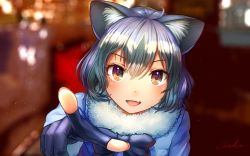 Rule 34 | 10s, 1girl, :d, animal ears, black bow, black bowtie, black gloves, blurry, blurry background, bokeh, bow, bowtie, brown eyes, commentary request, common raccoon (kemono friends), depth of field, eyes visible through hair, fang, fur collar, gloves, grey hair, hair between eyes, kemono friends, looking at viewer, medium hair, multicolored hair, open mouth, partially fingerless gloves, pointing, pointing at viewer, raccoon ears, signature, silver girl (saga), smile, solo, welt (kinsei koutenkyoku)