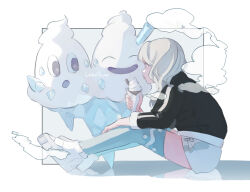 Rule 34 | 1girl, :o, ^ ^, black jacket, blue theme, character name, closed eyes, creatures (company), food, food wrapper, from side, full body, game freak, gen 5 pokemon, grey hair, grey shorts, hand up, highres, holding food, holding ice cream, ice cream, jacket, long hair, long sleeves, looking at another, looking away, nanahyaku torako, nintendo, original, outside border, outstretched legs, pokemon, pokemon (creature), profile, reflective floor, shoes, shorts, sitting, soft serve, steam, tongue, tongue out, vanilluxe, white background