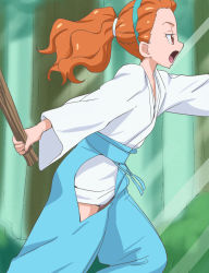 Rule 34 | 10s, 1girl, forest, haruyama kazunori, hugtto! precure, ichijou ranze, japanese clothes, long sleeves, nature, open mouth, orange hair, ponytail, precure, profile, red eyes, short hair, solo