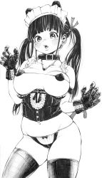 Rule 34 | 1girl, absurdres, black eyes, black gloves, black hair, black thighhighs, blush, breasts, breasts apart, choker, corset, cowboy shot, gagaimo, gloves, greyscale, hands up, heart, highres, large breasts, long hair, maid headdress, monochrome, navel, open mouth, original, simple background, solo, thighhighs, traditional media, twintails, white background