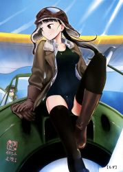 Rule 34 | 1boy, 1girl, absurdres, aircraft, airplane, black hair, black thighhighs, blue sky, bomber jacket, boots, brown gloves, brown jacket, gloves, goggles, goggles on headwear, helmet, highres, jacket, knee boots, knee up, long hair, looking back, mozu (peth), official art, open clothes, open jacket, open shirt, ponytail, sakamoto mio, school swimsuit, sitting, sky, strike witches, swimsuit, swimsuit under clothes, thighhighs, world witches series