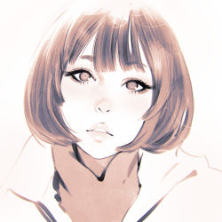 Rule 34 | 1girl, bad id, bad tumblr id, close-up, ilya kuvshinov, looking at viewer, monochrome, original, parted lips, short hair, simple background, solo, turtleneck, upper body