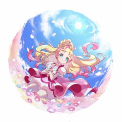 Rule 34 | blonde hair, blue eyes, book, bow, cure flora, earrings, field, flower, flower earrings, flower field, flower necklace, go! princess precure, hanamori mito, haruno haruka, high ponytail, highres, jewelry, magical girl, multicolored hair, necklace, pink bow, pink hair, pink skirt, precure, skirt, streaked hair, two-tone hair, waist bow, waist brooch, wide ponytail