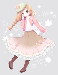 Rule 34 | 10s, 1girl, :3, arm at side, bad id, bad pixiv id, blush, boots, brown eyes, brown footwear, brown hair, brown skirt, closed mouth, floral background, flower, frills, full body, grey background, hair ornament, hair tie, hairclip, hand on own cheek, hand on own face, hasekura chiaki, hat, hat flower, jacket, long hair, long skirt, long sleeves, looking at viewer, multi-tied hair, osomatsu-san, pigeon-toed, shoulder pads, skirt, solo, todoko (osomatsu-san)