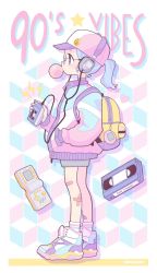 Rule 34 | 1girl, artist name, backpack, bag, bandages, blue hair, chewing gum, choker, commentary, eyebrows, from side, full body, glasses, hat, headphones, heart, highres, looking away, original, pink hat, purple eyes, sarah dandh, shoes, short hair, short ponytail, sneakers, solo, videocassette, walkman